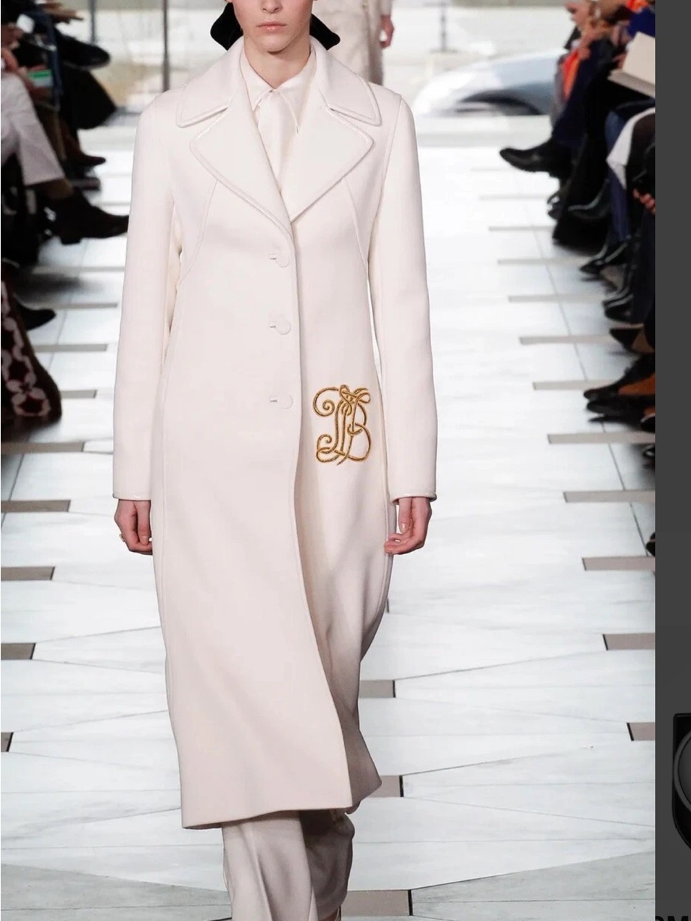 Tory Burch Cream Long Wool Coat with Gold Monogram